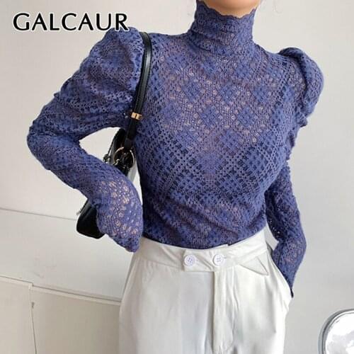 GALCAUR Patchwork Lace Korean Fashion Long Sleeve Tops For Women Turtleneck Slim Solid T Shirts Females New Clothing 2021 Autumn