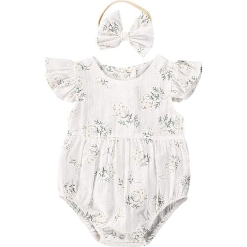 Newborn Baby Girls Clothing Sets Floral Ruffle Romper Headband Outfits Set Cotton Bodysuit White Romper Jumpsuit