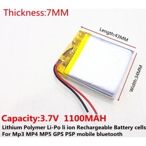 Li-po 3.7V,1100mAH,[703443] Polymer lithium ion / Li-ion battery for DVR,GPS,mp3,mp4,mp5,speaker;instead