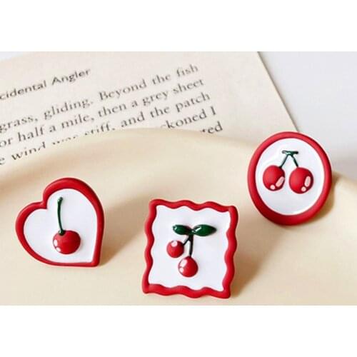Cute Romantic Cherry Clip Earrings for Women Girls Birthday Party Gifts Small Round Heart Geometric Fashion Ear Studs Jewelry