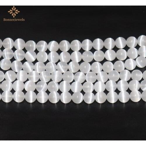 Natural Cat Eye Selenite Luster Loose Round White Calcite Selenites Stone Beads For Jewelry Making DIY Bracelet 6 8 10MM 15"