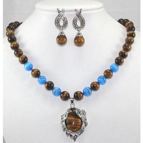 New hot Tigers Eye/Tiger eye pendant necklace Earring Set 18''Crystal Healing Chatoyant