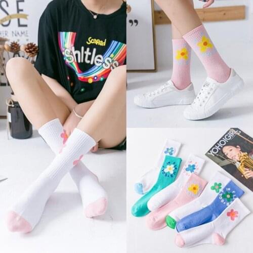 Cute Cartoon Floral Women Socks, Korean Version of Pink Academy Art Style Golf Midtube Sweet Girl Soft Cotton Breathable Sox