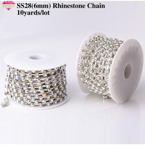 RESEN SS28 6mm 10yards/lot Crystal AB Rhinestone Chain Trim 28ss Glass Strass Trimming Yard Rhinestone Cup Chain Sliver Metal