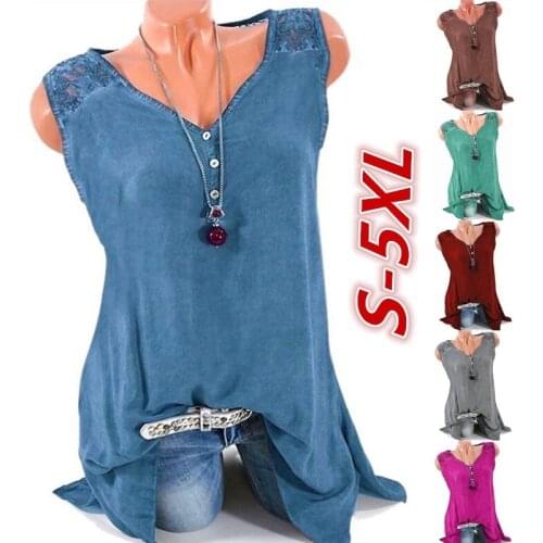 2019 womens summer womens solid color V-neck lace sleeveless T-shirt