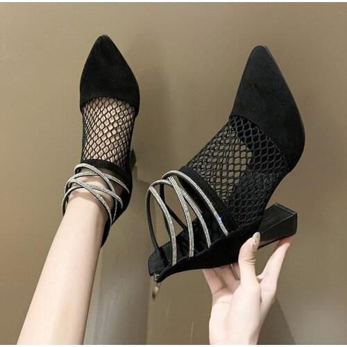 Women Ankle Boots Summer Sexy High Heels Ladies Fashion Pointed Toe Mesh Shoes Female Suede Rhinestone Party Sandals 2021 New