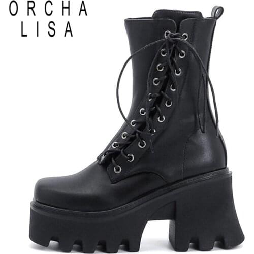 2021 Gothic Women Ankle Boots High Platform Motorcycle Zipper Top Quality Autumn Winter Warm Chunky High Heels Big Size 43 S2367
