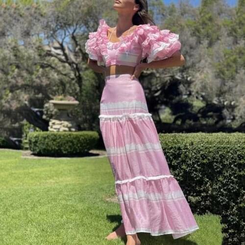 High Quality French Style Women Short Ruffled Stitching Sweet Blouse + High-waisted Large-length Skirt Two Piece Set