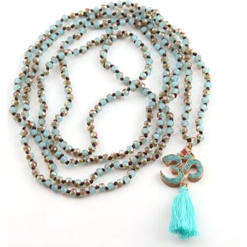Fashion Bohemian Tribal Jewelry 4mm Mini Glass Knotted Blue Tassel OM Necklaces For Women Lariat Necklaces