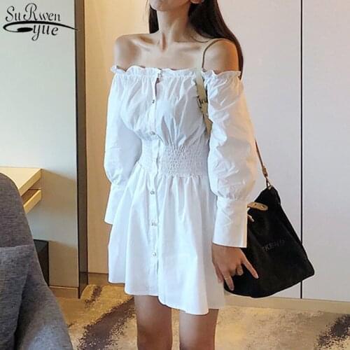 Korean Chic Slash Collar Long Sleeve Pearl Button-up Women Dress Single Breasted Mini Dress Summer Dress for Women 13319