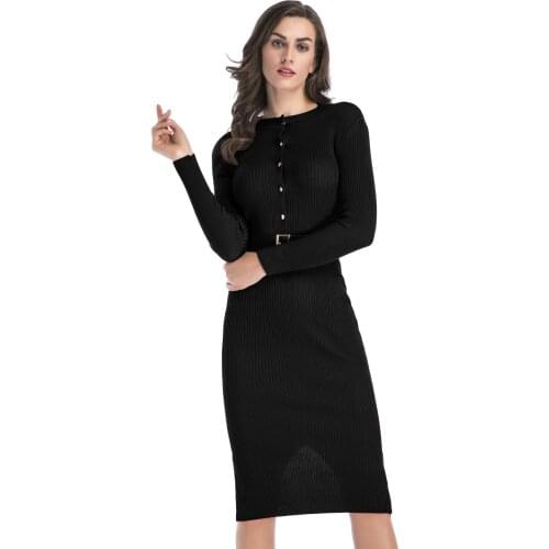 Knitted Sweater Dress Women Stretchy Long Sleeve Sexy Black White Red Knit Round Neck Slim Winter Dresses