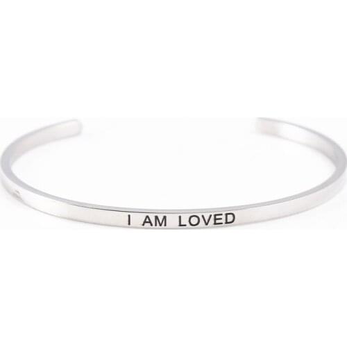 3.2mm Silver Gorgeous Stainless Steel Engraved Positive Inspirational Quote Cuff Mantra Bracelet Bangle for Women Black Letter