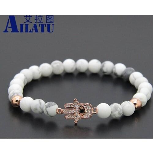 Ailatu 6mm White Howlite Marble Stone Beads Micro Pave Zircons Hamsa Hand Charm Bracelet Girl Gift