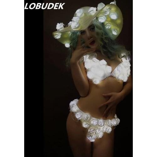 White Light LED Bikini Flowers Bra Shorts Hat Outfit Nightclub Women Party Bar DJ Stage Costume Model Catwalk Sexy Dance Wear