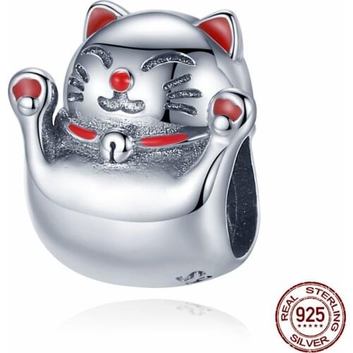 Hot Sale 100% Real 925 Sterling Silver Lucky Cat Charm Bead Fit Original Design Bracelets Dangle DIY Jewelry Making 1178