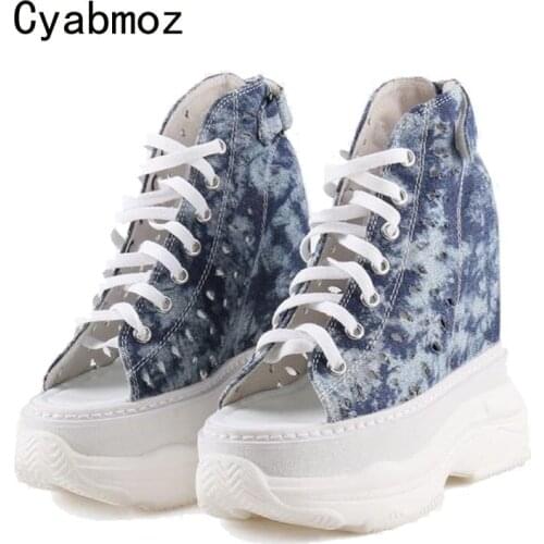 Cyabmoz Summer Height increasing Shoes Woman Sneakers Hollow Denim High heels Pumps Peep toe Platform Casual Women Party Shoes