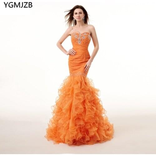 Saudi Arabia Evening Dresses Long 2018 Mermaid Sweetheart Lace Up Back Beaded Crystal Evening Gown Orange Prom Dress Prom Gown