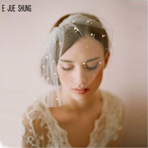 E JUE SHUNG Blusher Veils Ivory White Tulle Birdcage Veils With Pearl Bridal Veils Veu De Noiva Longo Wedding Accessories