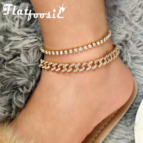 Flatfoosie Boho Chunky Cuban Link Chain Anklets Bracelets For Women Bling Rhinestone Tennis Anklets Beach Sandals Foot Jewelry