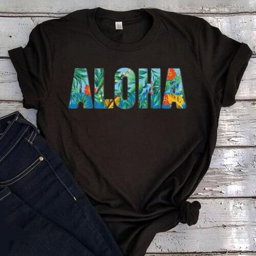 Aloha Tee 2021 Summer Letter Women Fashion Clothing O-Neck Hawaii Beach Clothes Vacation Retro T Shirt for Women Vintage Summer