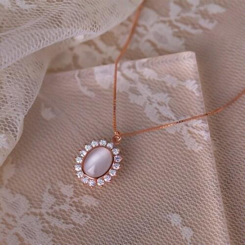 Dainty Oval Pendant Necklaces With Pink Opal Rose Golden Jewelry For Women Wedding Engagement Fashion Charm Accessory Gifts