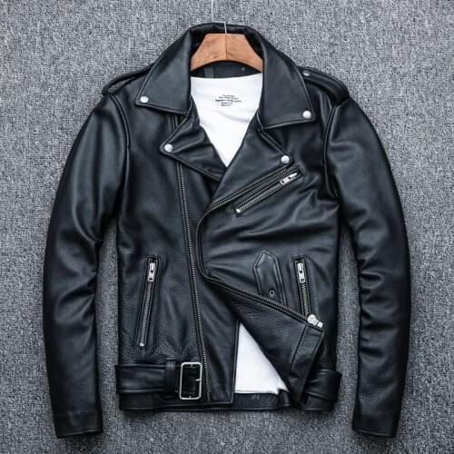 Factory turn-down collar genuine leather jacket for men real leather cowhide coat male punk motorcycle epaulet suit