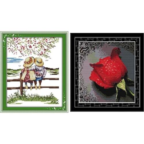 2Set DIY Hand Knitting Count Cross Stitch Set Pattern Cross Stitch, Couple to See the Landscape & Rose with Dew