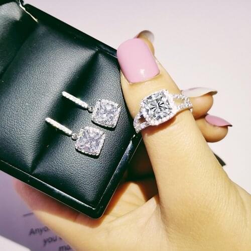 925 Sterling Silver Jewelry set halo Engagement ring round stud earring for Wedding Valentines Day gift Valentines Day J4938