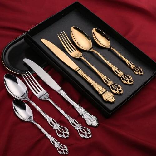 4pcs/set Golden Cutlery Set Vintage Western Tableware Dinner Sets Knife Fork Spoon Teaspoon Gold Plated Stainless Steel Cutlery