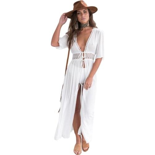 New Dresses Lace Hollow Ladies Summer Sunscreen Beach Dress Fashion Sexy Deep V- Neck Long Dress Bohemian Beach Cardigan Dress