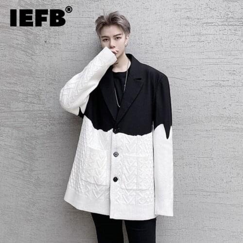 IEFB 2021 Autumn Single Breasted Stitched Knitted Woolen Mens Mid Length Suit Coat Contrast Color Patchwork Light Luxury Blazer