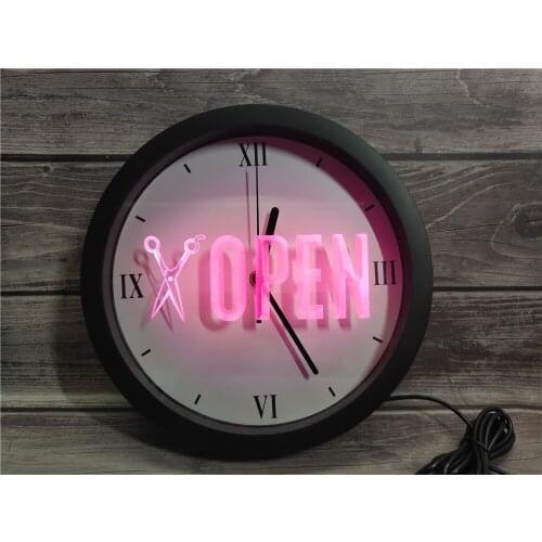 0K753 OPEN Scissor Barber Shop Hair APP RGB 5050 LED Neon Light Signs Wall Clock
