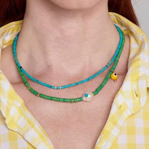 Handmade bohemian eye design necklace green natural stone beaded choker ladies banquet high quality jewelry ethnic style collare