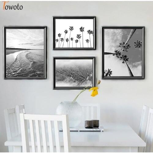 Palm Tree Leaves Cactus Print Black and White Landscape Canvas Painting Forest Sea Ocean Poster Wall Art Wall Picture Home Decor