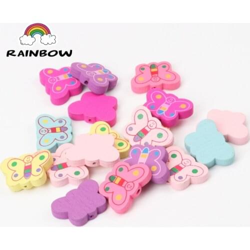 Mixed Colours Cartoon Butterfly Pattern Wooden Material Spacer Beads For Jewelry Making DIY 25x17mm 50pcs