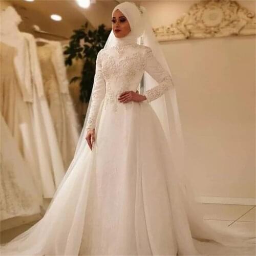 Romantic A Line Muslim Wedding Dress 2021 Robe de Mariee Modest Arabic Dubai Long Sleeve Soft Tulle Wedding Bridal Gowns