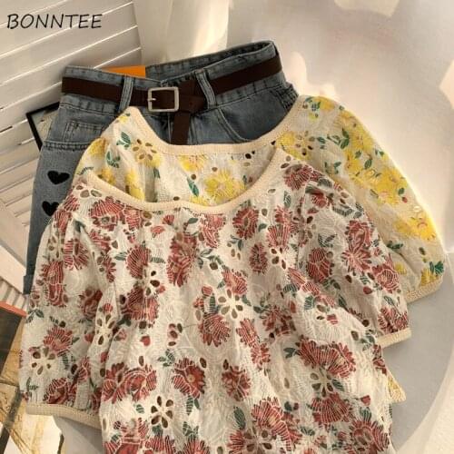 Oversize Shirts Women Summer Slim Hollow Out Fashion Cropped Sweet Vintage Korean Style Temperament Holiday Casual Female Tops