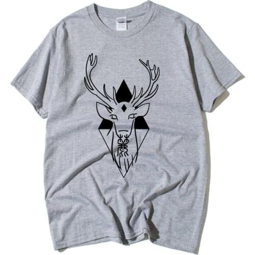 Buck Deer Horns Antlers Chinese Calligraphy Geometric Triangle Diamond Cotton Boy Man Short Sleeve T Shirt Clothes Summer ZIIART