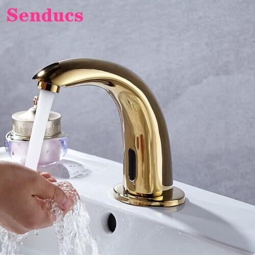 Gold Sensor Basin Faucets Single Cold Bathroom Mixer Tap Solid Brass Sensor Bathroom Tap Single Cold Sensor Basin Sink Taps