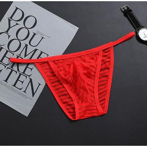 Men Sexy Briefs Adult Breathable Mesh Striped Elastic Low Waist Spandex Moisture Wicking Underwear Gay Underpants