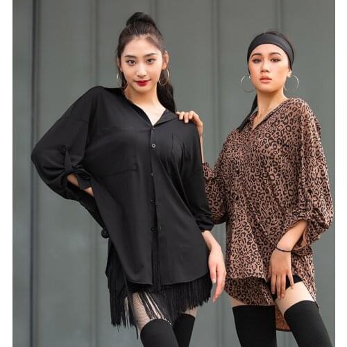 New Loose Latin Dance Shirts For Women Long Sleeves Leopard Print Practice Tops Rumba Samba Salsa Modern Dancing Clothes BL6991