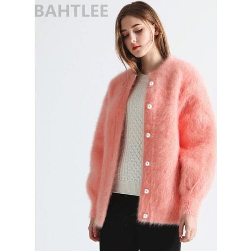BAHTLEE Winter Womens Angora Cardigans Sweater Wool Knitted Mink Cashmere O-Neck Pearl Button Pocket Thick Keep Warm