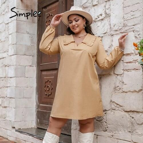 Simplee Office plus size cotton v-neck smock dress women autumn Ruffled collar long sleeve khaki mini dress Solid female vestido