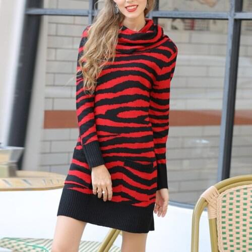 Pile collar Women zebra Stripped Print Knit pullover Dress Autumn Streetwear Spring Streetwear warm Dresses