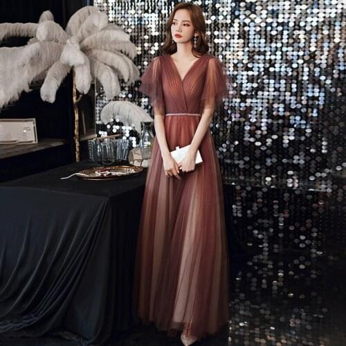 New Simple Evening Dress Elegant Deep V-Neck A-Line Short Sleeves Empire Floor-Length Zipper Back Woman Formal Party Gowns A1277