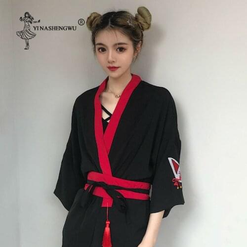 Japanese Kimono Woman Harajuku Japanese Shirts Embroidered Fox Blouses Loose Casual Top Kimono Cosplay Black Kimono With Belt