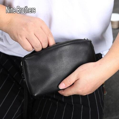 2021 Brand Designer Mens Clutch Bag Genuine Leather Black Hand Bag Soft Leather Business Man Handle Phone Wallet Nine Brothers