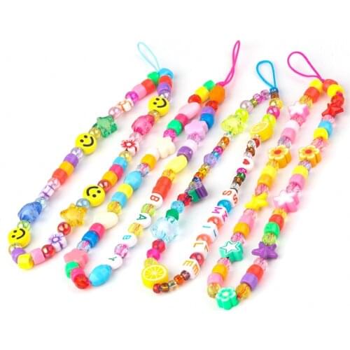 2021 New 15.5cm Colorful Smiling Beads Mobile Phone Strap Lanyard Pearl Soft Pottery Rope Phone Chain Anti-lost Handmade Lanyard