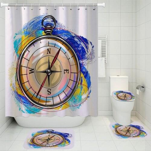 3/4 Pieces Compass Shower Curtains Sets Nautical Artifact Bath Sets 3D Print Bathroom Non-slip Set Home Decor Toilet Mat