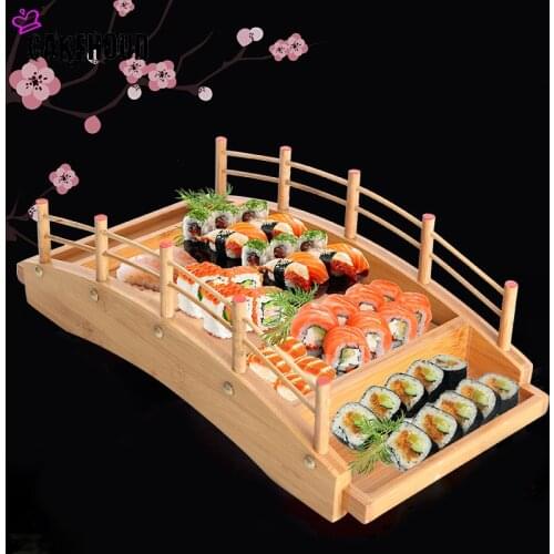 Japanese Cuisine Boat Shape Sushi Plate Wooden Creative Arch Bridge Platter Bamboo Sushi Tableware Decorative Ornaments CAKEHOUD